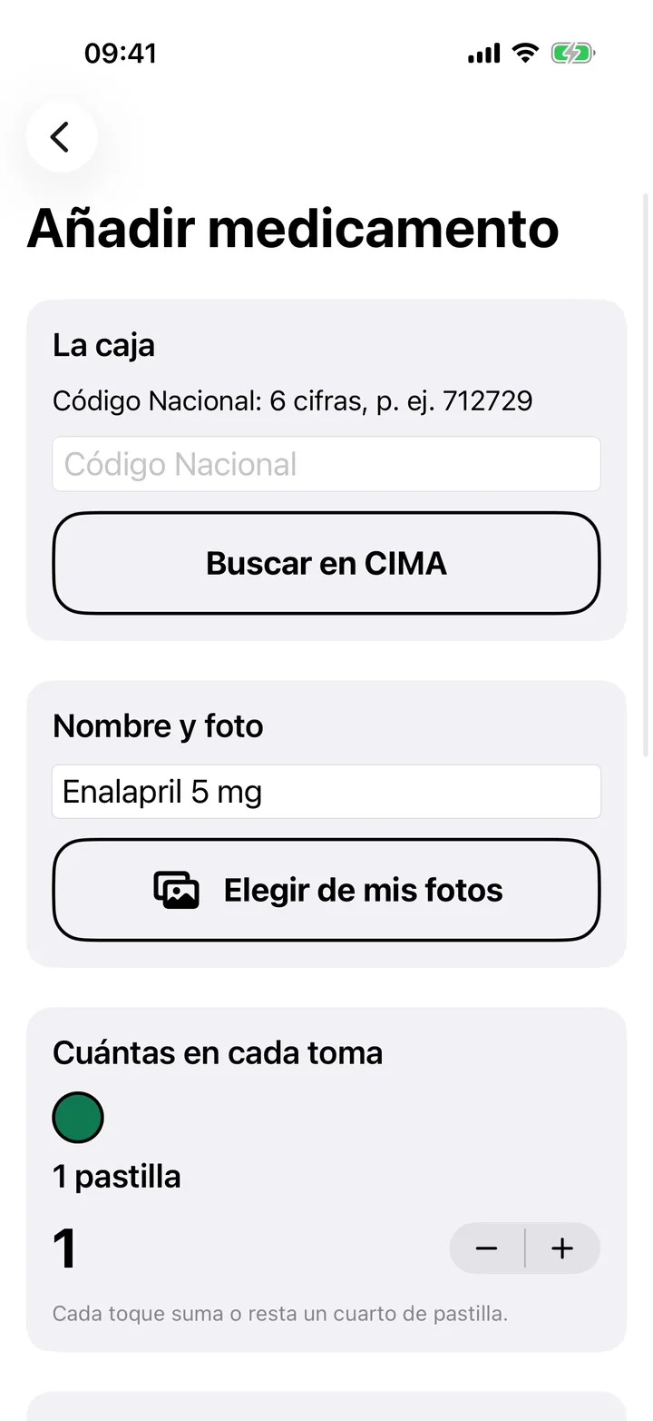 Pantalla del familiar: alta de un medicamento escaneando la caja