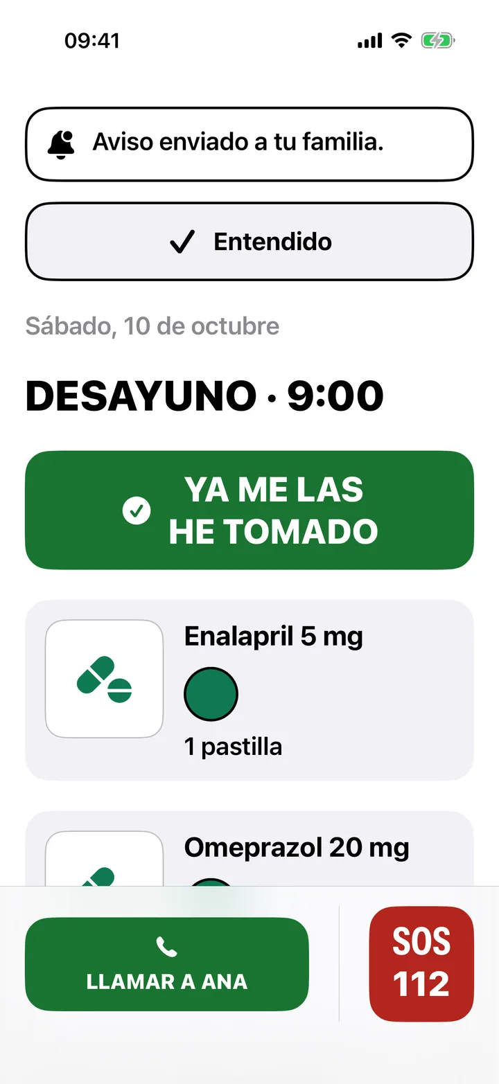 Pantalla del mayor tras pulsar SOS 112: «Aviso enviado a tu familia»