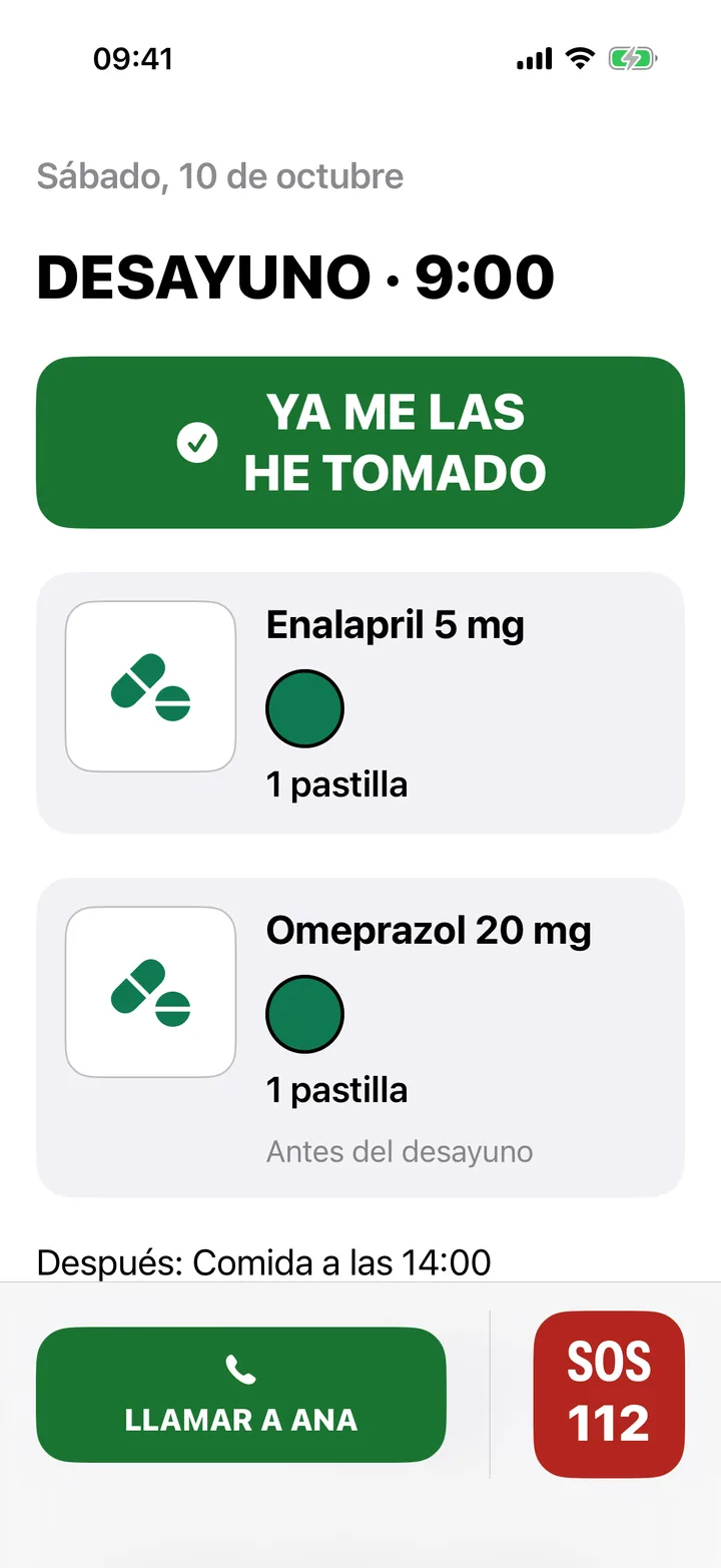 Pantalla del mayor: Desayuno a las 9:00 con el botón verde «Ya me las he tomado»